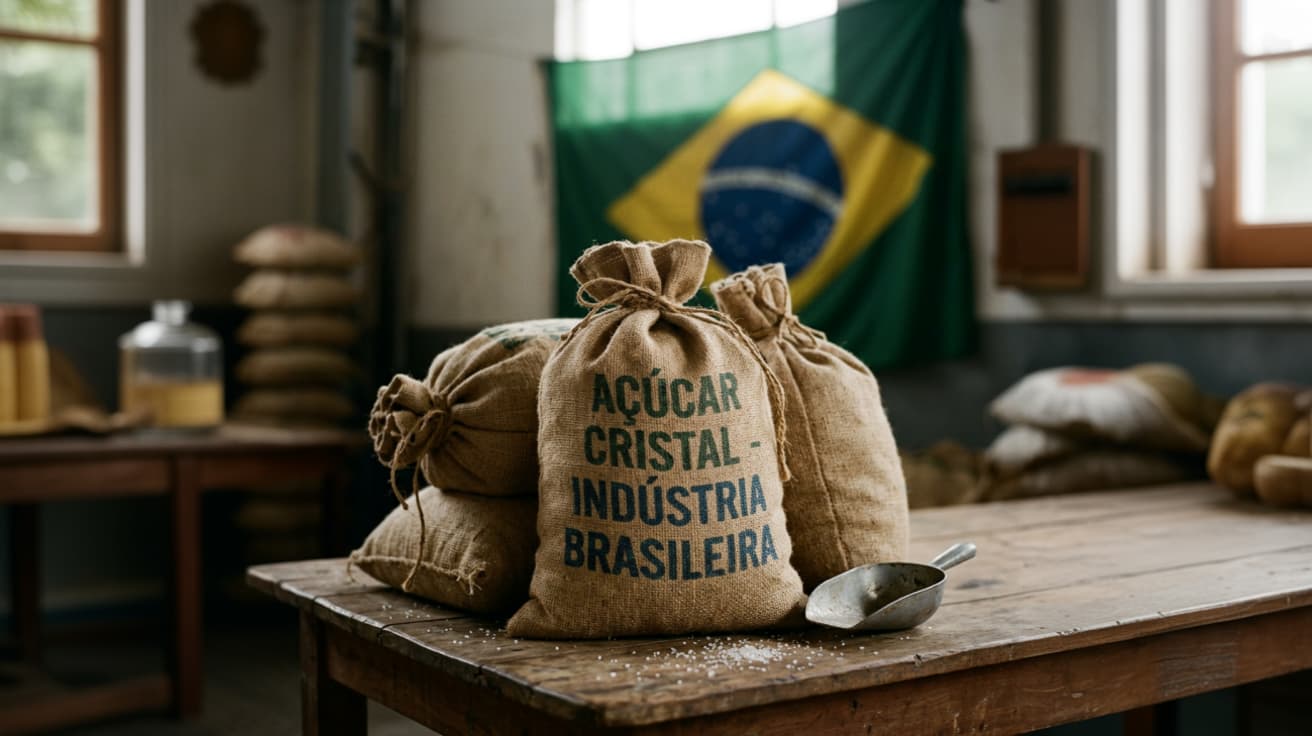 Sacos de açúcar sobre uma mesa, uma bandeira do Brasil na parede de fundo - Notícia Jerone Toledo