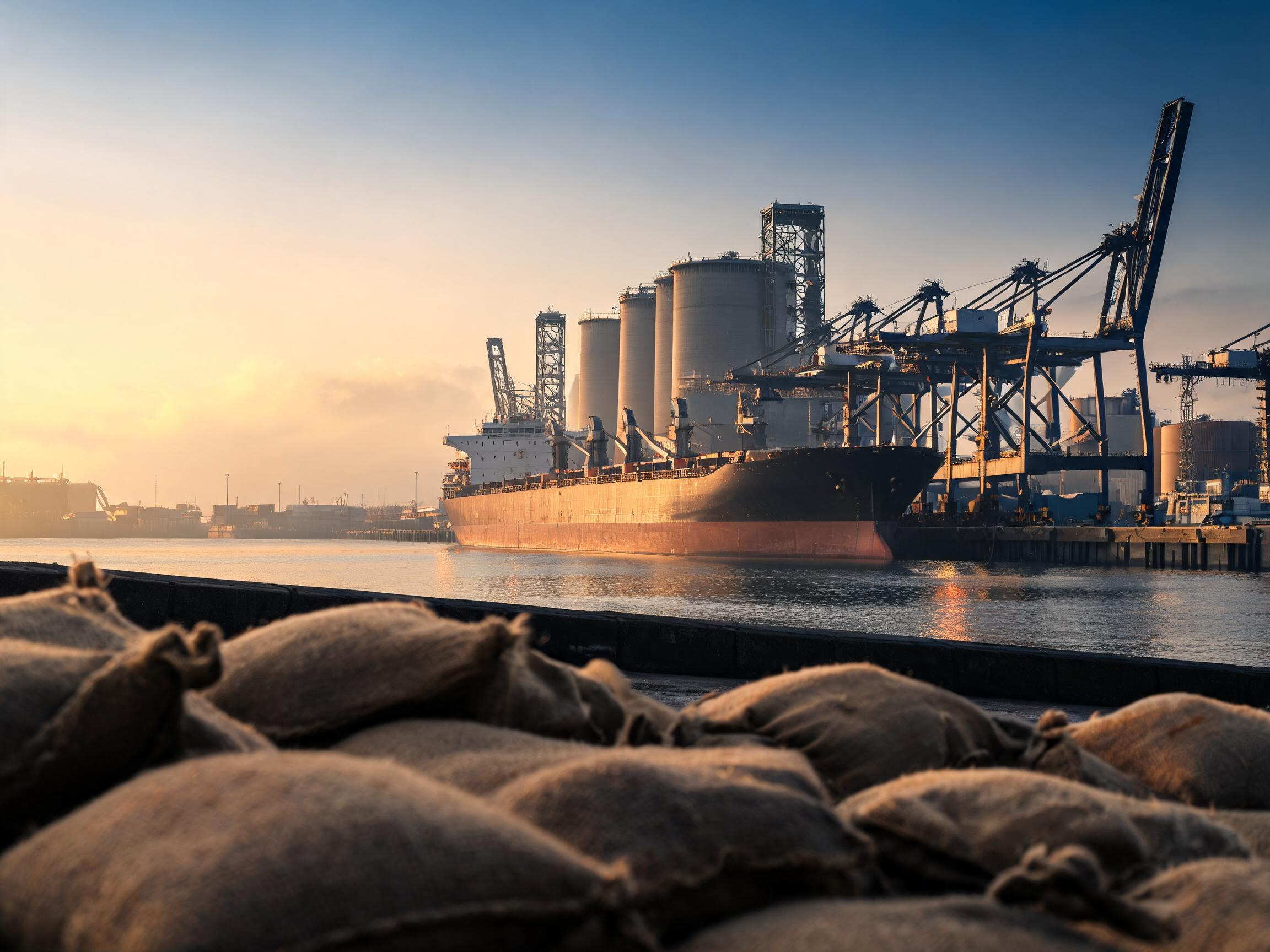 Navio graneleiro atracado em terminal portuário ao amanher, com silos e guindastes ao fundo, sacas de grãos em primeiro plano - Notícia Jerone Toledo